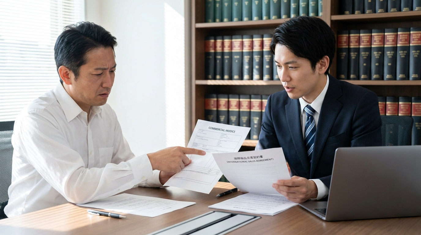 輸入業務の法的リスクについて、法律事務所で弁護士に相談している日本人男性経営者。