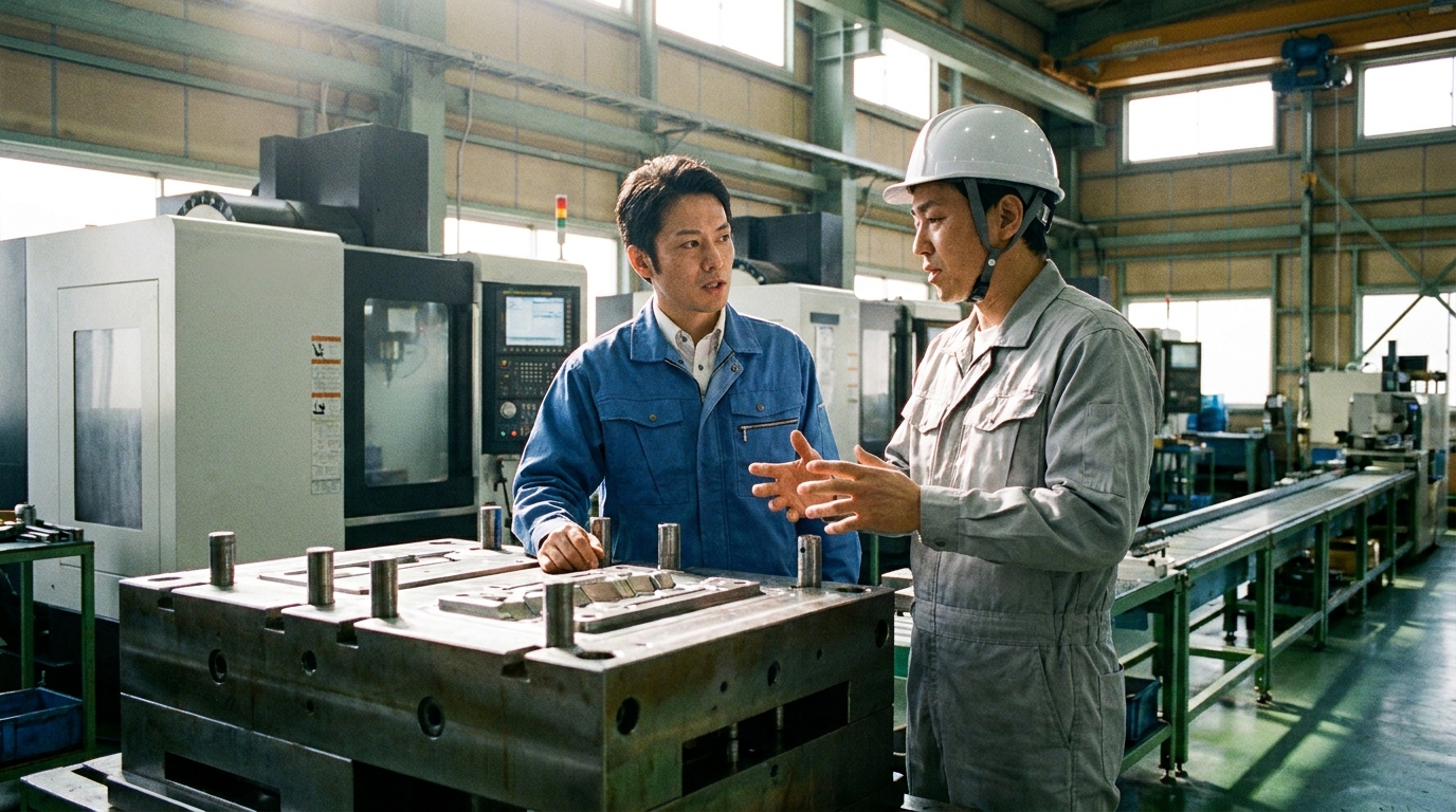 海外の製造委託先工場で、金型を確認しながら打ち合わせをする日本人担当者。金型費が関税評価の加算要素となることを示唆している。