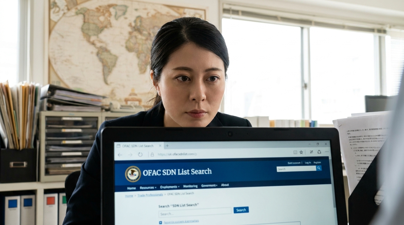 企業の貿易担当者が、米国のOFAC規制リストをパソコンで確認している様子。経済安全保障のための真剣な取り組みを象徴している。