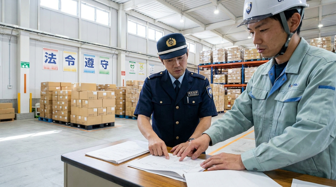 保税倉庫で税関職員と作業員が打ち合わせをしている様子。2026年の保税制度改正により、現場の管理体制強化が求められることを象徴している。