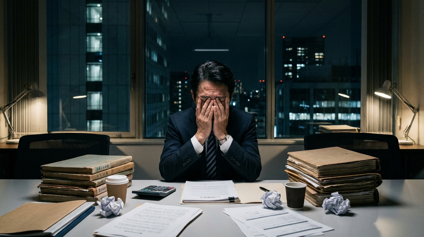 税関事後調査で指摘を受け、大量の書類を前に頭を抱える輸入担当者。加算要素の申告漏れが招く深刻なリスクを象徴している。